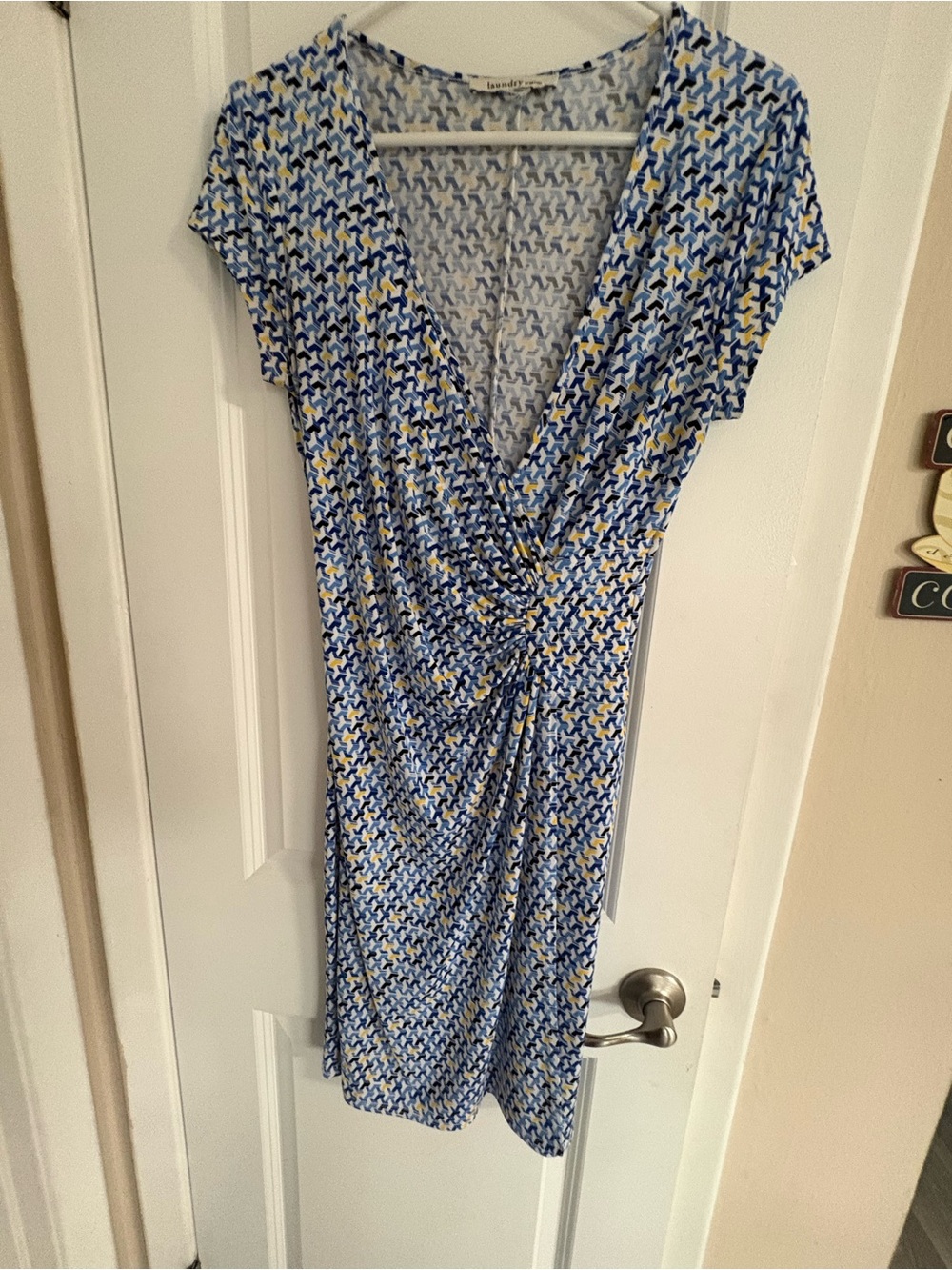 Laundry By Shelli Segal Blue, White & Yellow Geometric Wrap Dress